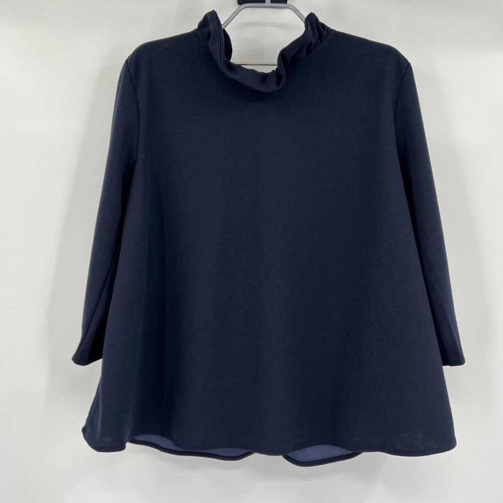 Pomander Place by Tuckernuck Faye Blouse sz XS Navy Blue Swing Top Ruffle Collar